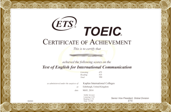 TOEIC certificate for sale